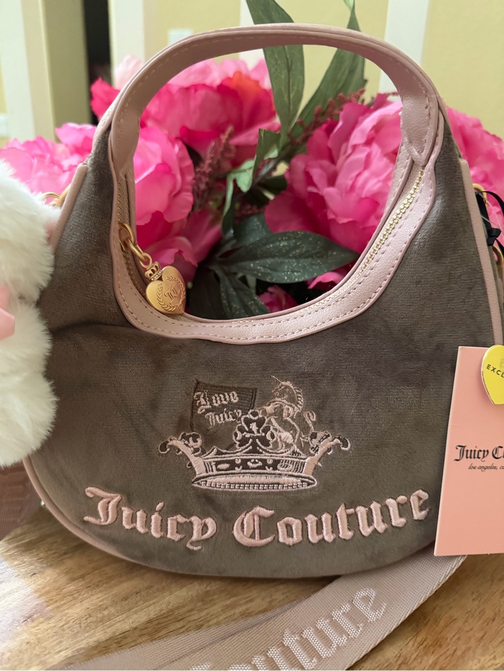 Juicy Couture NWT Brown Suede hobo mini crossbody bag with Pink Trim